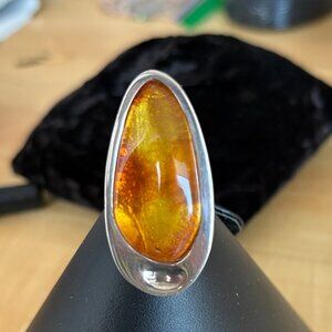 Amber & Sterling Silver Statement Ring Size 7